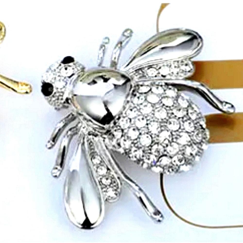 Exquisite #Queen Bee Simulated Pave Diamond and Silver Bumble Bee Brooch